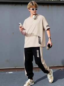 SHEIN 两件套青少年男童休闲日常舒适印花圆领宽松短袖T恤和印花撞色直筒针织裤套装 - 杏色 - 查看 7
