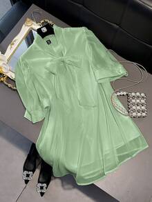 Franclia 大码女式优雅缎面蝴蝶结衬衫 新款女式上衣和衬衫 系带领衬衫 女士休闲优雅衬衫 韩版 - 薄荷綠 - 查看 1