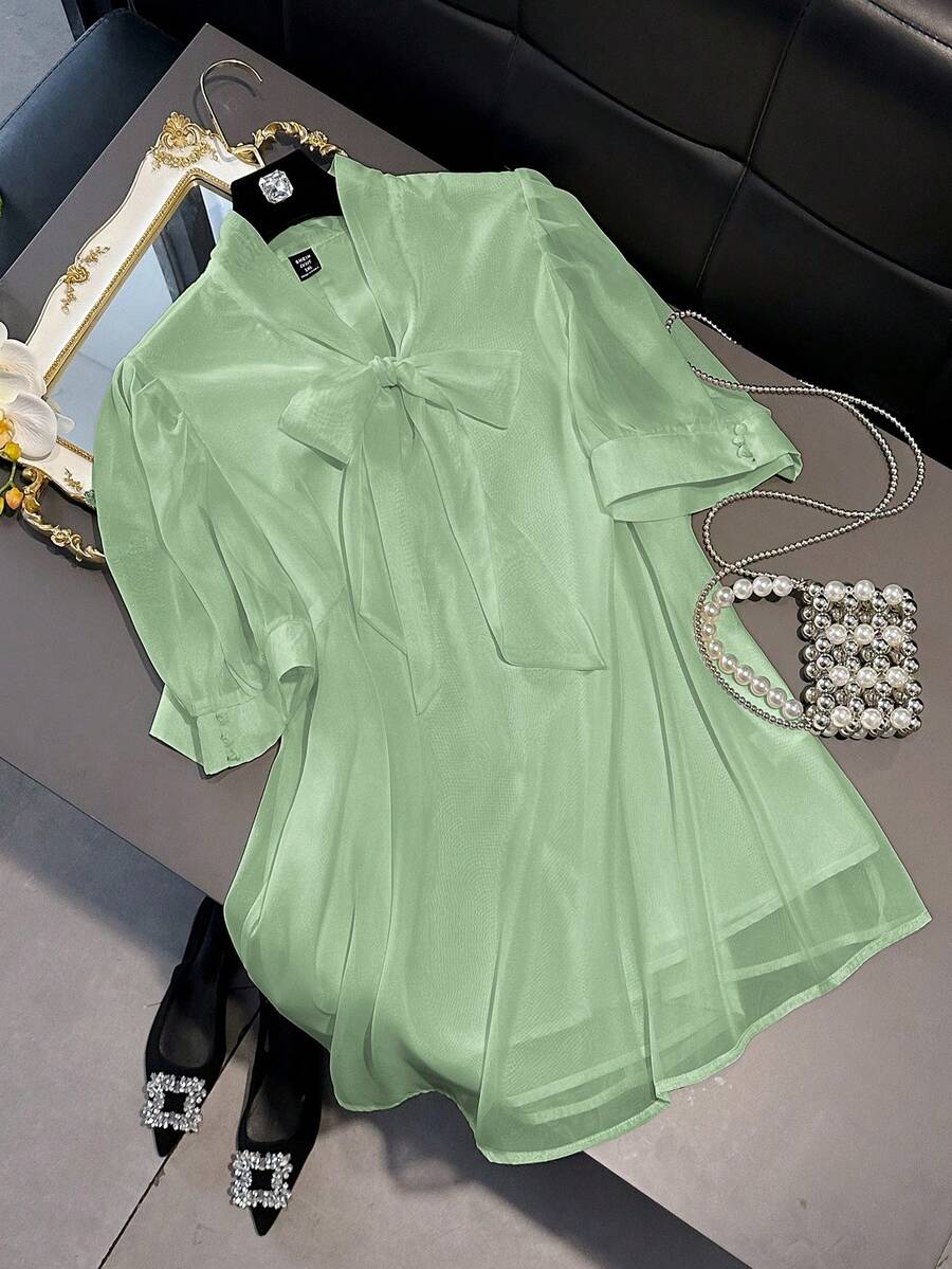 Franclia 大码女式优雅缎面蝴蝶结衬衫 新款女式上衣和衬衫 系带领衬衫 女士休闲优雅衬衫 韩版 - 薄荷綠 - 查看 1