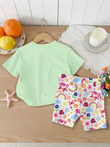 SHEIN Vintaside Kids 两件套女婴休闲时尚百搭春夏T恤套装。可爱甜美的薄荷绿上衣，饰以彩虹、爱心和花卉印花，灵感源自多巴胺的缤纷花朵设计。春夏装扮，轻松舒适，时尚女童套装，休闲服饰，儿童花卉图案服装，新款，清爽休闲，春日气息，夏日假期女婴套装，女婴夏季服装套装，女婴每日穿搭 - 彩色 - 查看 4