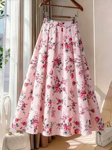 GlowEve CURVE 大码女式复古法式粉红玫瑰印花高腰褶皱A字长裙 - 彩色 - 查看 1