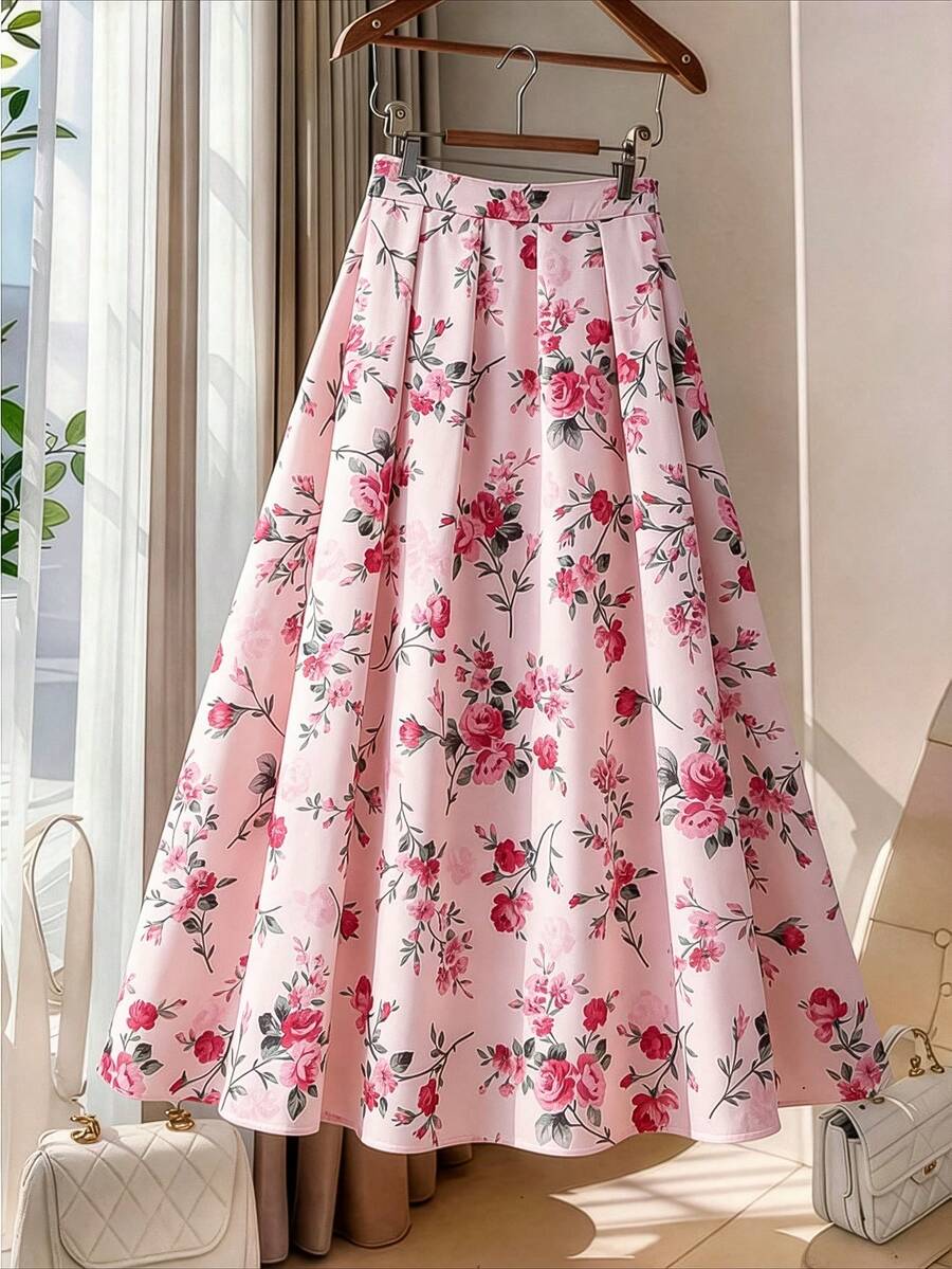 GlowEve CURVE 大码女式复古法式粉红玫瑰印花高腰褶皱A字长裙 - 彩色 - 查看 1