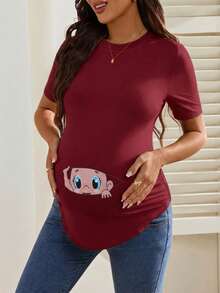 SHEIN T-shirt med rund hals och kort ärm och tecknad print för gravida - Bourgogne - Visa 4