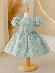 SHEIN Glamorique Kids 女婴优雅绿色提花泡泡袖圆领收腰可爱蓬蓬裙 - 綠色 - 查看 2