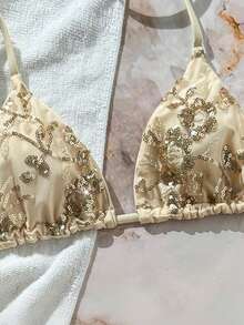 Swim Vcay Solid Color Sequin Textured Halter Triangle Cup Sexy Bikini Top, Spring/Summer Beach Holiday - Multicolor - View 4