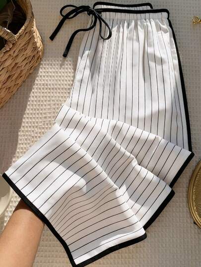 Franclia 女士复古美式条纹系带阔腿裤，休闲宽松漫步裤，适合独立日郊游、夏季音乐节、复活节公园野餐等场合，休闲穿着。