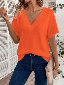 EMERY ROSE Nueva llegada Camiseta de manga corta con cuello en V versátil y casual para mujer de talla grande - Naranja - Ver 1