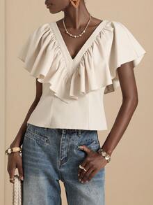 Vesra Women's Printed V-Neck Ruffle Hem Blouse - Apricot - View 1