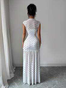 Elenzga White And Black Polka Dot Summer Elegant Holiday Tea Party Vacation Stand Collar Sleeveless Hollow Out Mesh Patchwork Pleated A-Line Maxi Dress - White - View 2