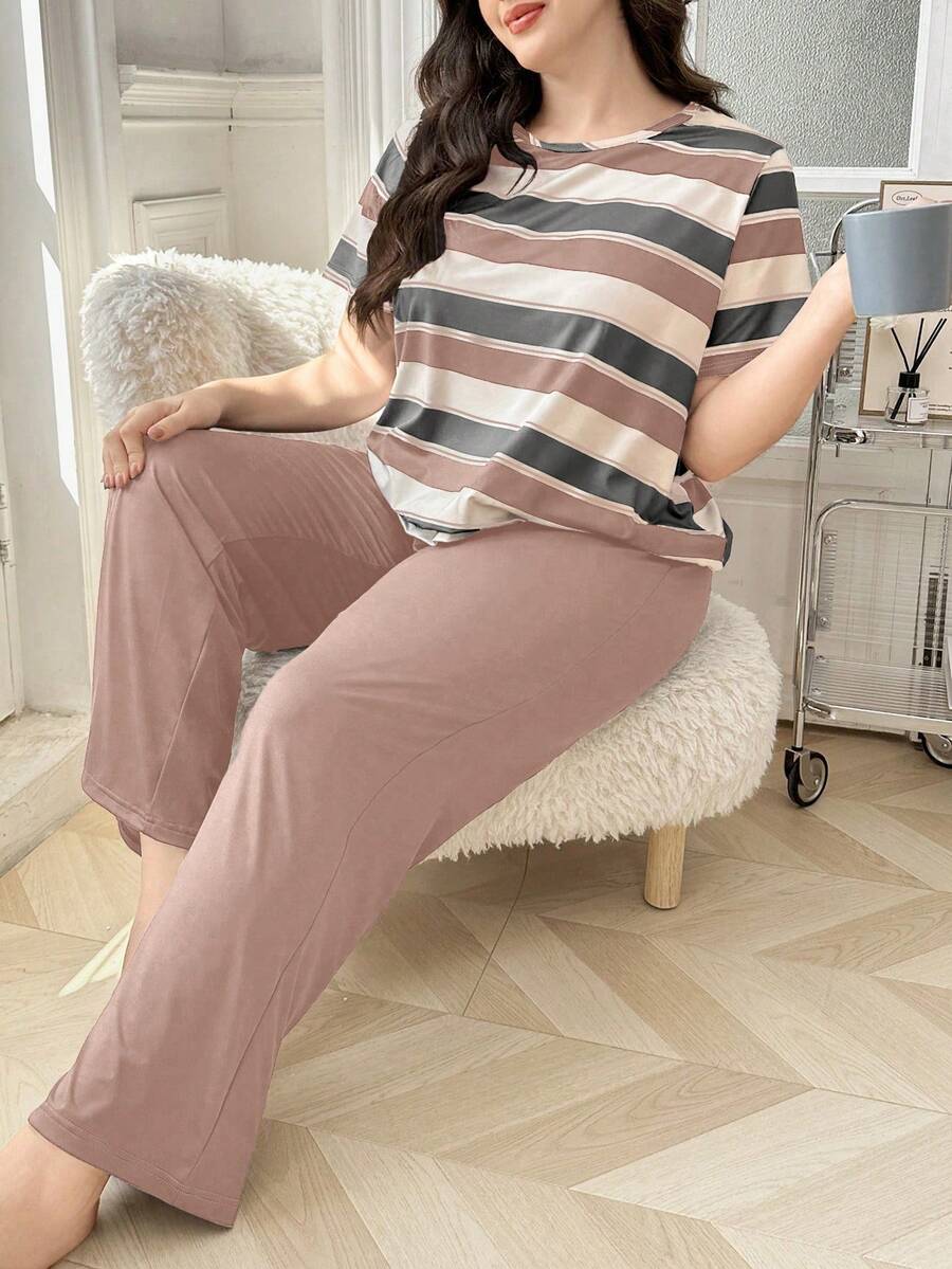 Contrast Color Striped Print Short Sleeve & Long Pants Plus Size Pajama Set - Multicolor - View 1