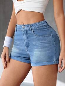 Flexra Quần short denim dáng ôm, chất liệu denim mài, thích hợp mặc mùa hè. - Rửa nhẹ - Xem 7