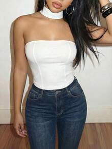 Slaydiva Áo croptop cúp ngực buộc dây gợi cảm và thanh lịch mùa hè mới, thích hợp cho tiệc tùng, quán bar, hộp đêm, đám cưới, kỳ nghỉ. - trắng - Xem 6