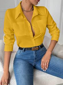 Airaco Camisa de manga larga ajustada con bolsillo y cuello casual blanca para mujeres, parte superior amarilla - Amarillo - Ver 3