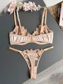 Women's Embroidered Mesh Bow Decor Sexy Lingerie Set - Champagne - View 2