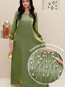 SHEIN Najma Đầm kiểu Ả Rập thanh lịch đính ngọc trai dành cho nữ - màu xanh lá - Xem 10