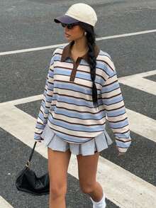 Muchica 休闲简约运动街头百搭派对机场穿搭，学院风蓝棕条纹印花图案，音乐节穿搭，女士夏季穿搭，女士高领T恤 - 彩色 - 查看 4