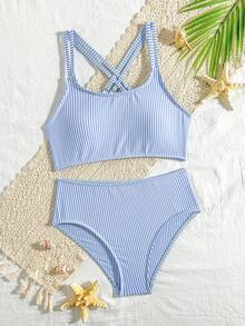 SHEIN Tween Girl Bikini Swimwear,Blue White Striped Cross Strap Ribbed Two Pieces Bathing Suits For Teens Full Coverage,Summer,Casual,Holiday,Pool Party - Blue - View 4