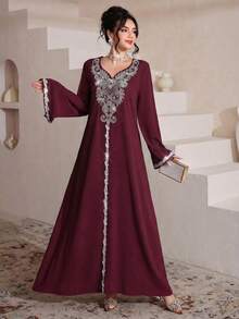 Al Najma Đầm maxi dài tay xẻ tà, dáng rộng, sang trọng, thêu và đính cườm, phong cách truyền thống Thổ Nhĩ Kỳ và Ả Rập. - Màu Đỏ Sâu - Xem 4