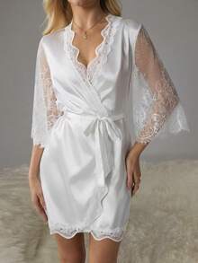 HautHeat Women's V-Neck Lace Tie-Waist Design Casual Loungewear Robe - White - View 5