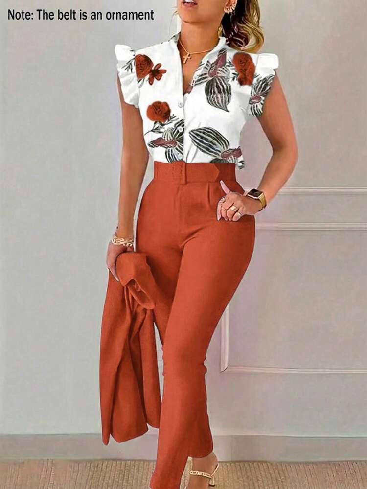 SHEIN LUNE Conjunto elegante de 2 piezas con blusa de cuello con muesca con estampado floral y pantalones de unicolor (el cinturón es decorativo) - Naranja - Añade 5