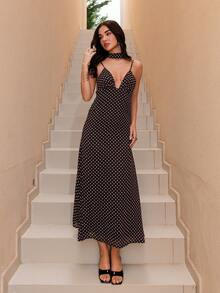 Bris Aura 女士圆点印花露背吊带连衣裙 - 棕色 - 查看 1