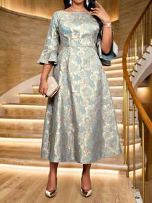 SHEIN Lady CURVE 大码女式花卉提花圆领喇叭袖优雅连衣裙 - 綠色 - 查看 7