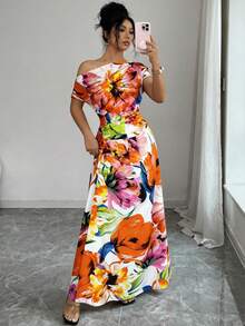 Elenzga 女款優雅白色花卉夏季長洋裝，不對稱肩領、腰部荷葉邊收腰A字裙，極簡法式風格，適合茶會與度假 - 橘色 - 查看 5
