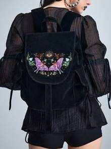 ROMWE Flower Type: 1689137 High Quality Embroidery Thread Sun Star Moon Moth Mushroom Plant Pattern Backpack Dark Goth Backpack - bright black - View 8