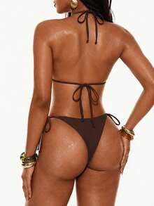 Swim Basics 女士泳衣套装，金色波点棕色性感比基尼，休闲沙滩度假款 - 棕色 - 查看 2