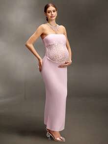 Cheriluna Maternity 孕妇撞色蕾丝修身优雅孕妇照拍摄连衣裙 - 淺粉色 - 查看 3