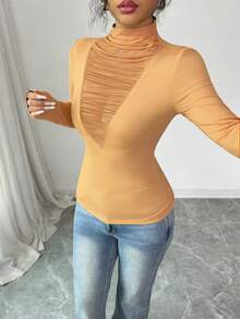 Rafferiza 秋冬性感优雅V领透视网纱褶皱T恤女式薄纱上衣长袖上衣Yk2k上衣女士紧身衣高领上衣女式上衣女式衬衫 - 卡其色 - 查看 7