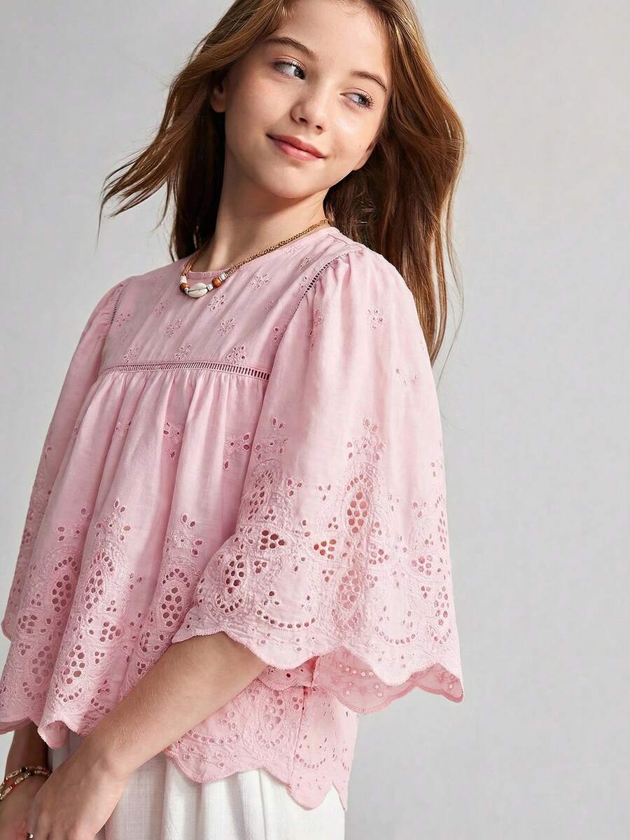 Maija Kids 少女宽松刺绣衬衫、女式衬衫、上衣，适合返校、夏季、Y2K风格、女童服装、秋季、度假、波西米亚风上衣 - 粉色 - 查看 1