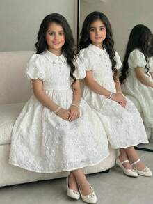 SHEIN Vestido casual y elegante para niñas preadolescentes de primavera/verano con estampado floral de jacquard, decoración de moño, cuello con strass, falda acampanada y mangas abullonadas, color blanco, adecuado para el Día de San Valentín, bodas y fiestas - Blanco - Ver 3