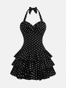 Girlism 少女夏季休闲波点印花前扭结露背连衣裙 - 黑色 - 查看 8