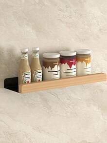 1 Spice Rack, Wall-Mounted Kitchen Storage Rack, With Wooden Guardrail And Utensil Hanger, Space-Saving Spice Storage Rack For Spice Jars, Seasonings, And Kitchen Utensils, Screw Or Self-Adhesive Installation, Practical Household Storage Shelf, Home Accessories - Multicolor - View 6