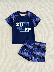 男童休闲宽松圆领短袖T恤短裤泳装套装，适合夏季穿着 - 彩色 - 查看 3