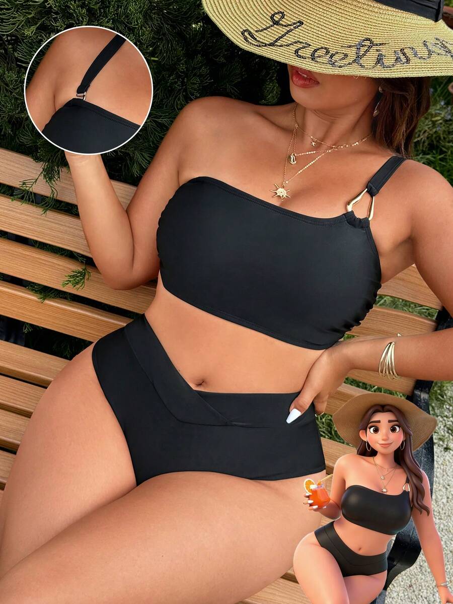 Swim Vcay Plus Size Women Summer Beach Solid Color Metal Decor Linked Bikini And Triangle Briefs Swimwear Set - Black - View 1