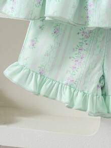 SHEIN Glamorique Kids 女婴优雅可爱刺绣彼得潘领背心短裤套装，适合夏季日常外出、度假和公园活动。 - 綠色 - 查看 5