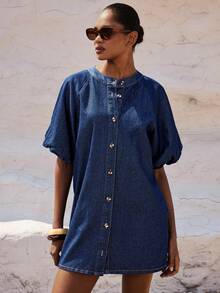 Maija Đầm denim tay phồng xếp ly cài cúc đơn dành cho nữ, thích hợp cho kỳ nghỉ, du lịch. - Rửa tối - Xem 5