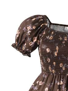 Summer Outfits Teen Girl Puff Sleeve Ditsy Floral Mini Dress, Summer Squishy Dress - Brown - View 4