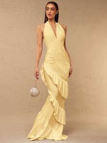 Silquee Women's Elegant Party Ruffle Hem Backless Dress,Summer Dresses For Women - Light Yellow - View 3