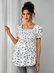 Momance Maternity Elegant Ditsy Floral Slim Fit Blouse - White - View 6