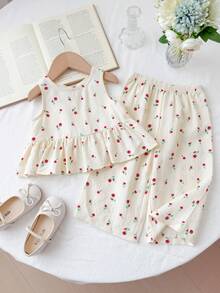 LMoss Kids 2pcs Baby Girl Ditsy Floral Woven Casual Vest And Pants Set Baby Girl Cotton Clothes Girls Summer Coord Set Cherry Pajama Set Cherry Outfit For Baby Cherry 2 Piece Set Baby Girls Clothes Summer Cherry Outfits For Girls - Pink - View 2