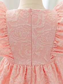 SHEIN Glamorique Kids 年轻女孩优雅迷人的粉色提花无袖收腰可爱蝴蝶结设计奢华蓬松连衣裙 - 粉色 - 查看 4