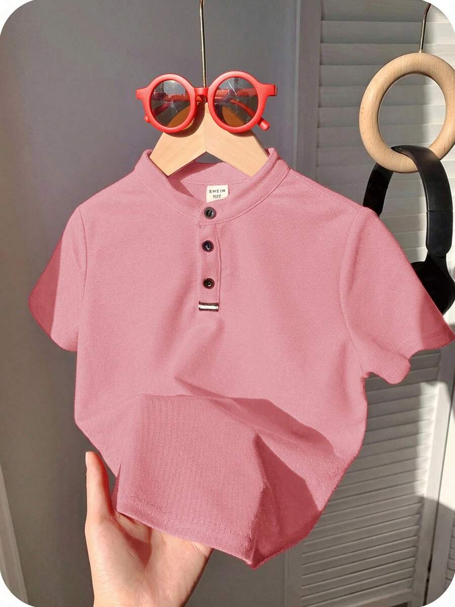 SHEIN 男童舒适纯色短袖POLO衫,休闲穿着,适合春夏季节,适合户外活动、上学、街头风、派对和休闲穿着,性价比高。 - 粉色 - 查看 1