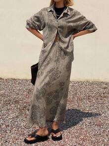 Dazy-Less 女士印花纽扣衬衫和A字裙休闲两件套 - 棕色 - 查看 4