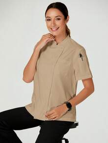 TaskEZ White Short Sleeve Chef Coat Jackets For Women Front Button Short Sleeve Pocket Minimalist - Khaki - View 5