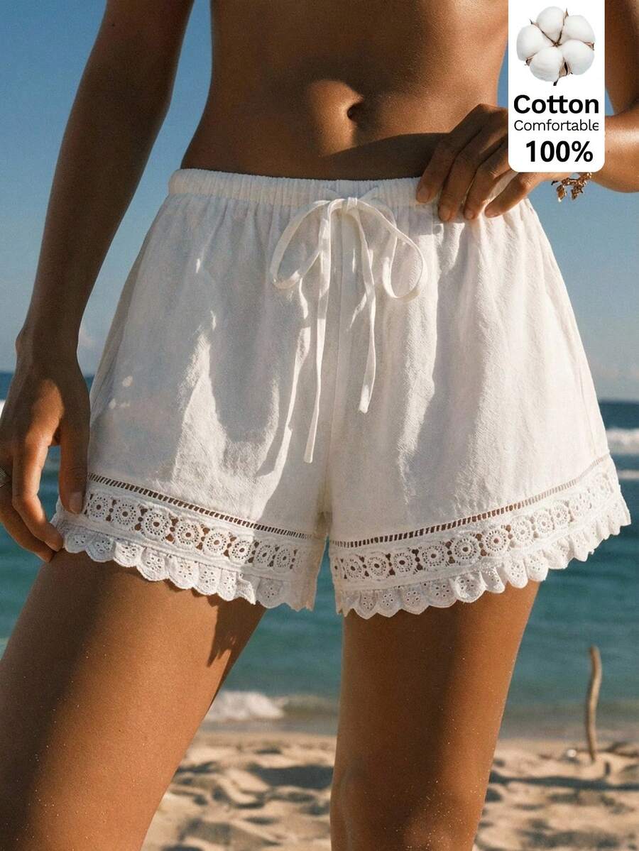 Easelle Quần short đi biển màu trắng dệt kim cho nữ với dây buộc eo bằng ren, trang phục nghỉ hè thoải mái bằng cotton, bộ đồ hè cho nữ, quần short đi biển cho nữ, quần short che phủ khi đi nghỉ mát, quần short nữ màu trắng, quần short đi biển, quần short mặc nhà, đồ cotton đi biển cho nữ, quần short che phủ bikini. - trắng - Xem 1