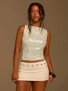 Athîral Áo tank top nữ màu xanh đính sequin, kiểu dáng ôm sát, thoải mái, thích hợp cho kỳ nghỉ. - Màu be - Xem 3