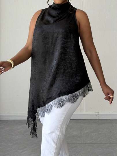 Maweii 大码优雅立领无袖拼接蕾丝不对称下摆上衣